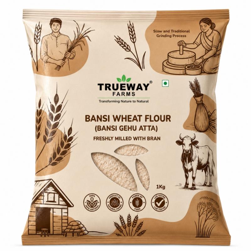 Trueway Organic Farm Bansi Wheat Flour 1 Kg | Bansi Gehu Atta | Freshly Milled With Bran | Traditional Grinding Process | Fibre Rich Wheat Flour