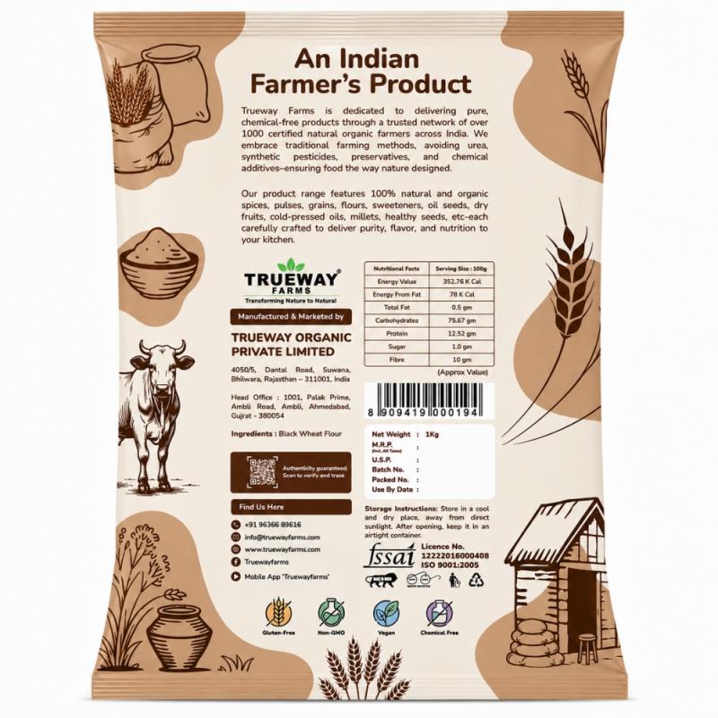Trueway Organic Farms Black Wheat Flour (kala Gehu Atta) 1 Kg | Freshly Milled Wheat Flour With Bran | Premium Black Wheat Atta For Roti, Paratha & Daily Cooking