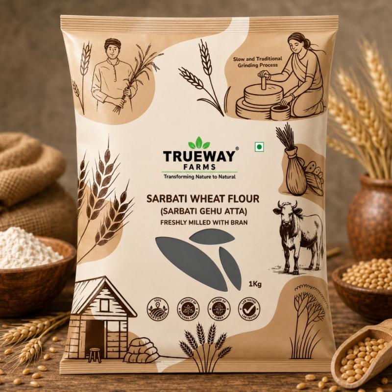 Trueway Farms Sarbati Wheat Flour (sarbati Gehu Atta) 1 Kg | Freshly Milled Wheat Flour With Bran | Traditional Grinding Process