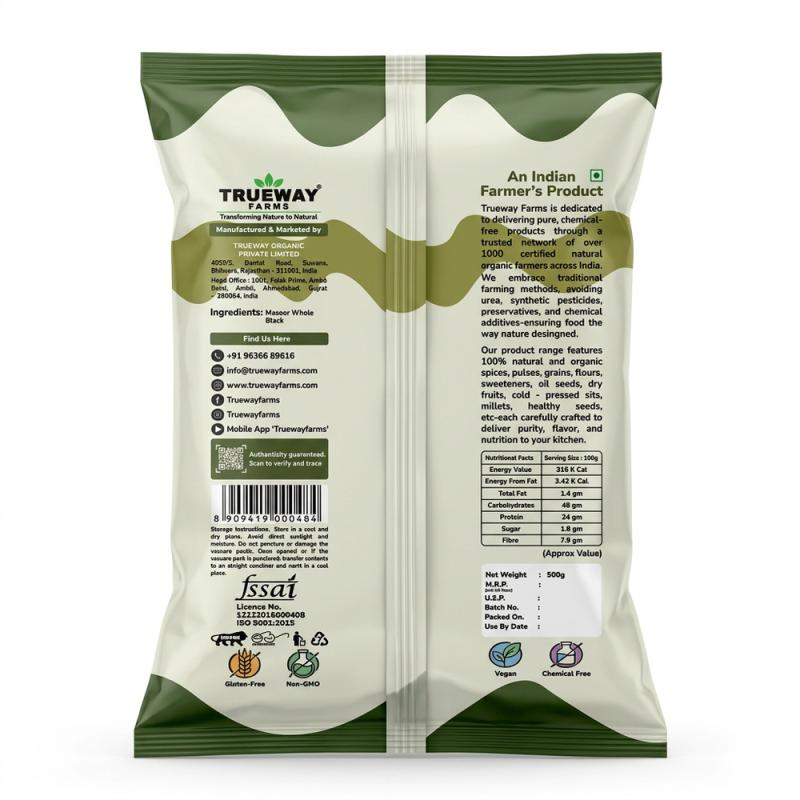 Trueway Farms Organic Unpolished Black Masoor Dal (whole) | 500 G | No Artificial Colours & Preservatives | Hygienically Packed