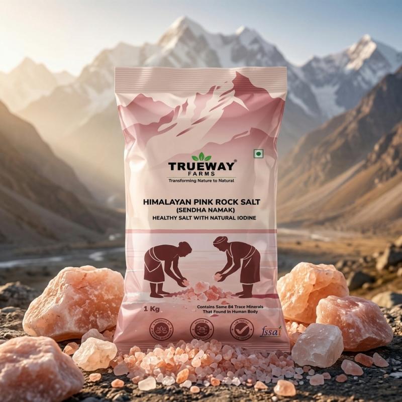 Trueway Farms Himalayan Rock Pink Salt, 1kg Pouch, Premium Sendha Namak, With Natural Trace Minerals, Low Sodium, Crystal Salt