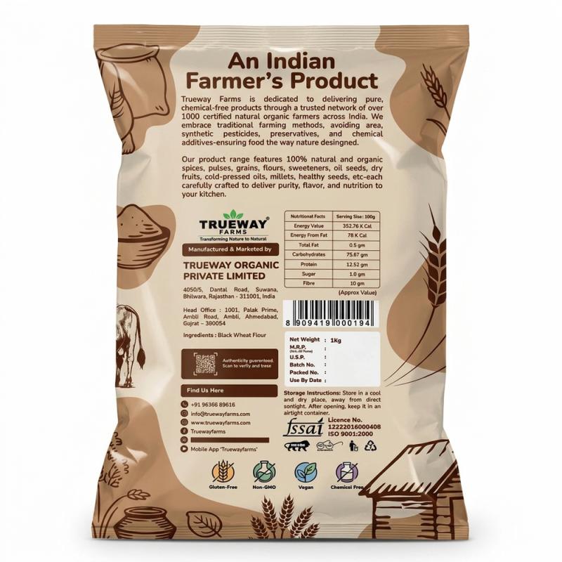 Trueway Organic Farms Black Wheat Flour (kala Gehu Atta) 1 Kg | Freshly Milled Wheat Flour With Bran | Premium Black Wheat Atta For Roti, Paratha & Daily Cooking