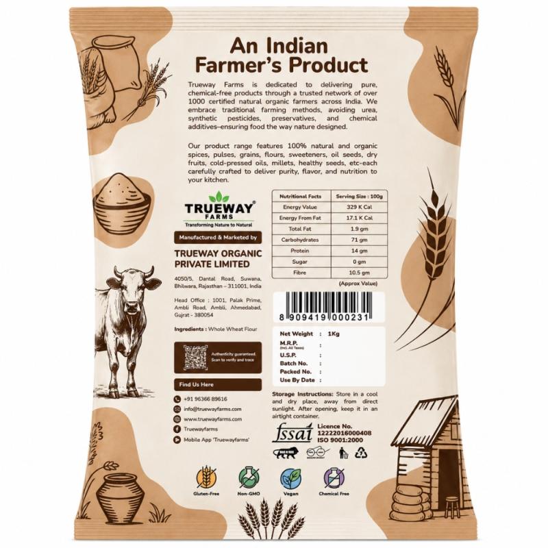 Trueway Farms Whole Wheat Flour (chakki Atta) 1 Kg | Freshly Milled With Bran | Traditional Grinding Process