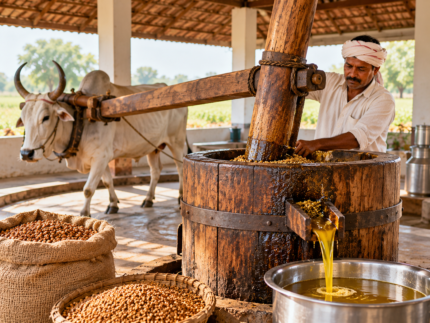 Oil being pressed in a wooden kachhi ghani